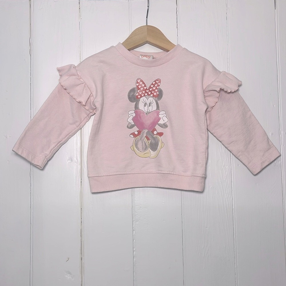 DISNEY EUC Girls Minnie Mouse Heart Ruffle Sleeve Crewneck Sweatshirt